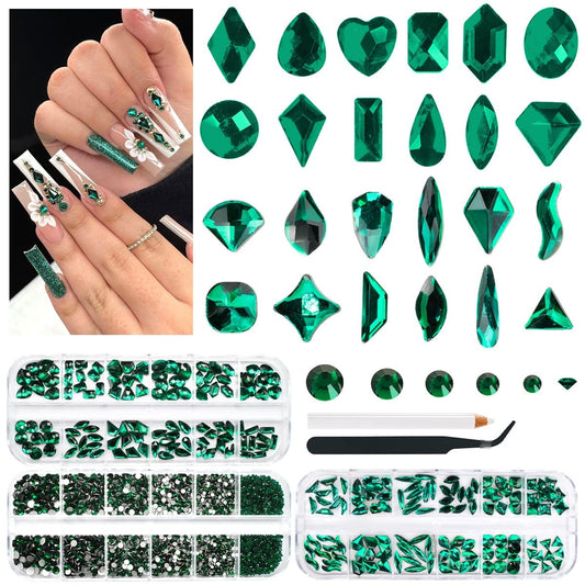 3 Boxes Emerald Green Nail Rhinestones 240 Multi-Shapes Big Gems Dark Green Flatback Round Beads K9 Glass Crystals Stones Nail Art Charms for Nails Face Eyes Makeup DIY Crafts Tumblers Bottles