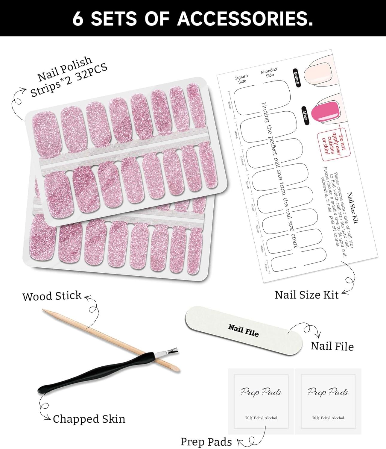 Glitter Nail Polish Strips, 32 Pcs Salon Quality Gel Nail Stickers, Long Lasting Wraps Easy to Use & Remove (Glitter Pale Red)