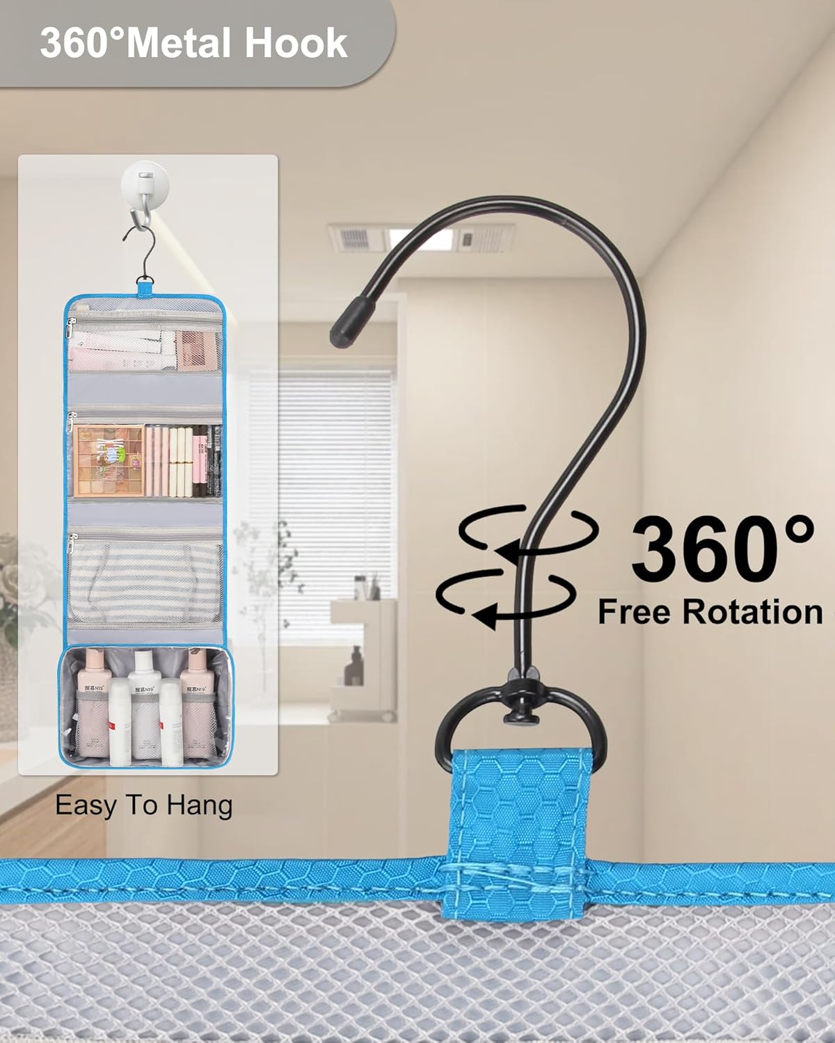 Relavel Travel Hanging Toiletry Bag for Women Men Large Capacity Makeup Bag Waterproof Cosmetic Storage Organizer Case for Bathroom Shower (Blue)