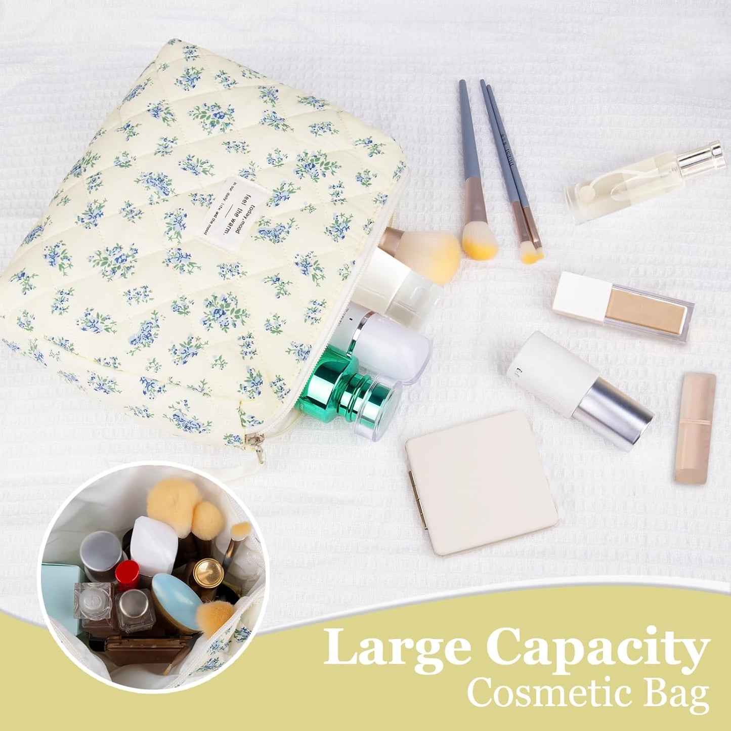 Floral Makeup Bag, Small Cosmetic Bag for Women Girls, Cute Cotton Makeup Bag, Quilted Makeup Bags, Flower Travel Toiletry Organizer Bag(LSHH)