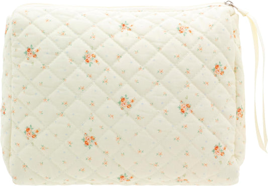 PAZIMIIK Quilted Makeup Bag Large Travel Zipper Soft Cosmetic Pouch for Women Girls Make Up,Floral White