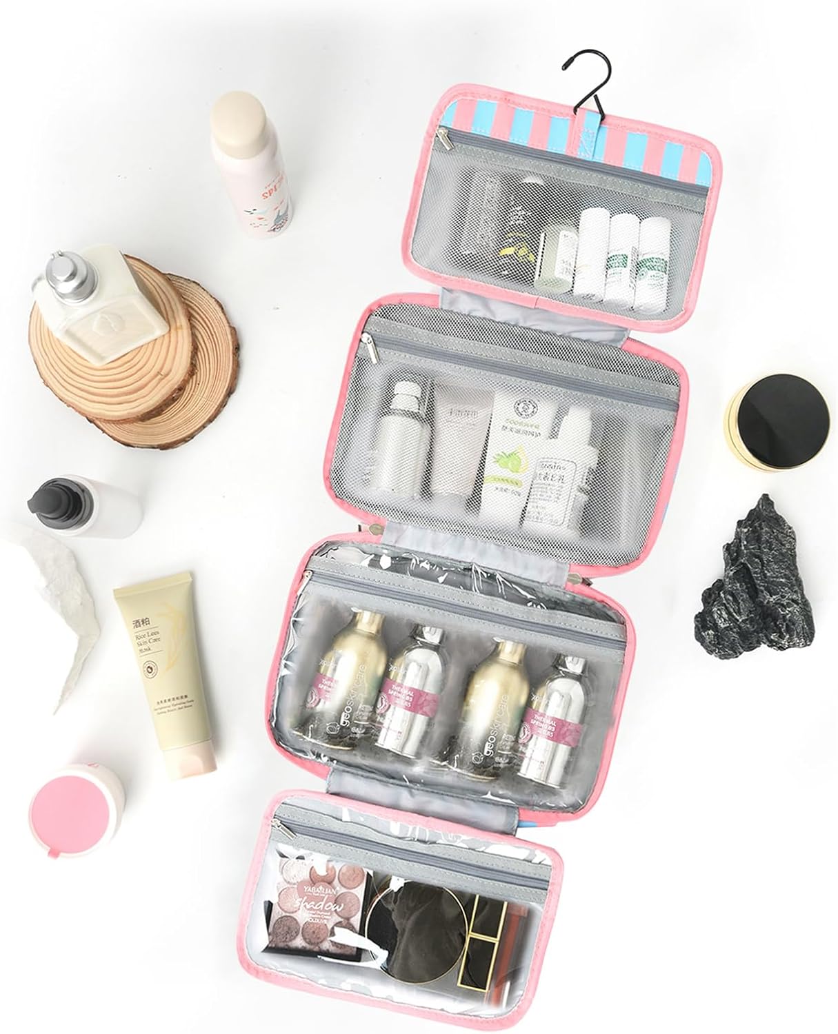 Toiletry Bag for Women Travel Water-resistant Cosmetic Bag Fashion Stripes Makeup Bag with Hanging Hook Preppy for Store Toiletries Cosmetic Accessories Large Capacity Rose Red