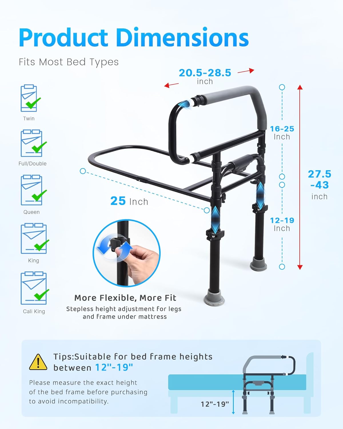 Sangohe Bed Rails for Elderly Adults Safety - Heavy Duty Bed Rail for Senior & People Falling Out of Bed - Bed Rail for Elderly, Height Adjustable, Fits Thick Mattress, Hold up to 300 Lbs, 504Q