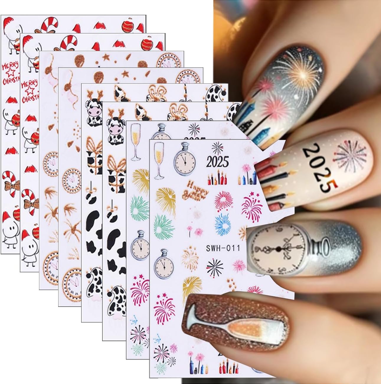 8 Sheets Christmas Nail Art Stickers - 3D Clock Glitter Firework Balloon Design, Candy Cane Cute Cartoon Cow Light Decals for Winter Xmas and New Year's - Supplies for Women Girls