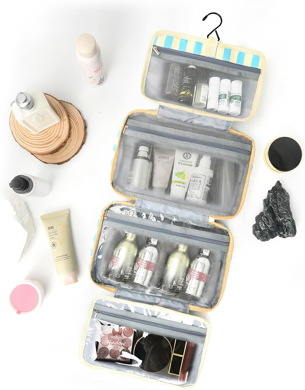 Toiletry Bag for Women Travel Water-resistant Cosmetic Bag Fashion Stripes Makeup Bag with Hanging Hook Preppy for Store Toiletries Cosmetic Accessories Large Capacity Blue