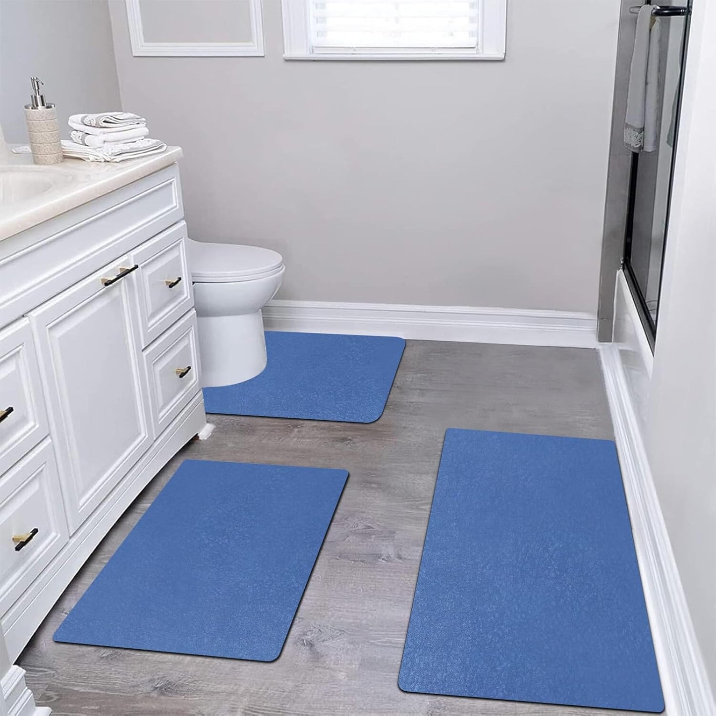 Diatomaceous earth bath mat Bathroom Rugs Sets 3 Piece Super Absorbent Quick Dry Bath Mats, Rubber Non Slip Shower Mat and Toilet Mat U Shape, Shower Rug for in Front of Bathtub Shower, Blue