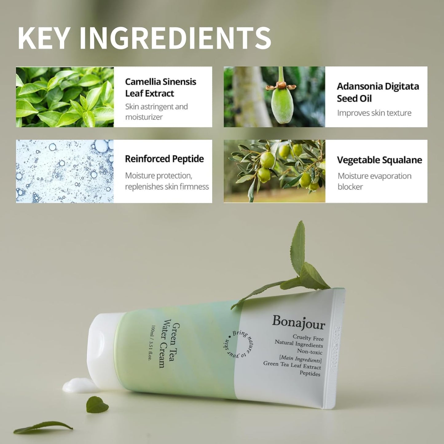 BONAJOUR] Green Tea Water Bomb Vegan Moisturizing Facial Gel Cream for sensitive skin - Daily hydrating Moisturizer 3.38 Fl. oz -