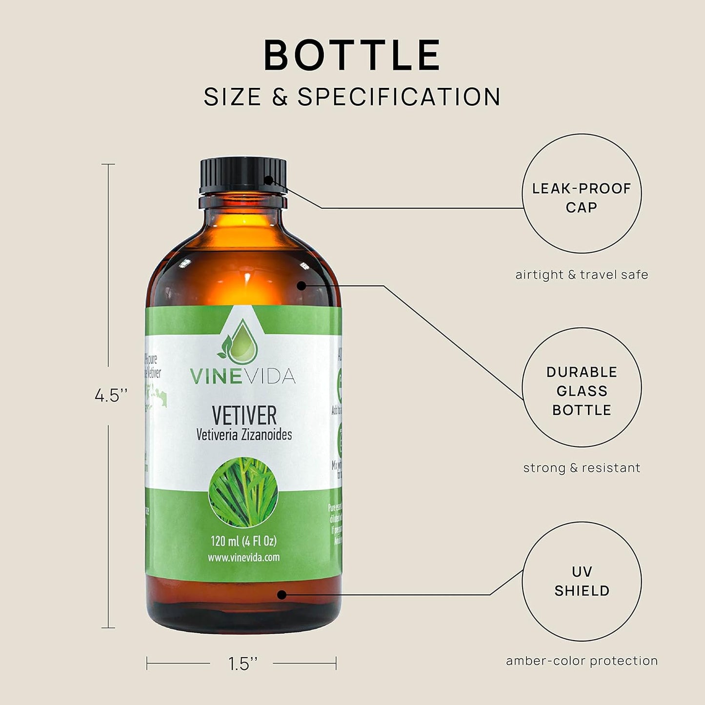 VINEVIDA Vetiver Essential Oil 4 oz - Undiluted Candle Scent DIY Scents for Candlemaking Bulk Soap Making Safe Skin, 7.18 Ounces, 120.0 milliliters, 4.0 Fl Oz, 1