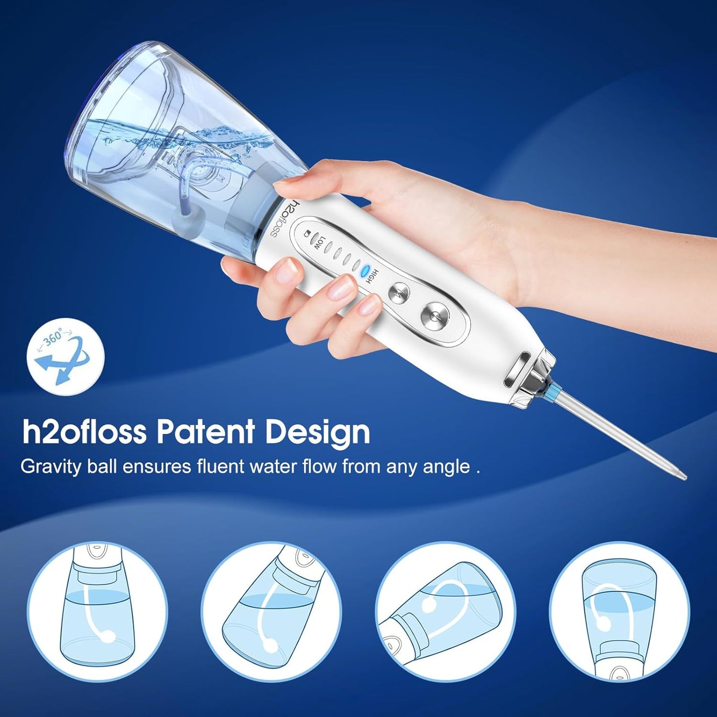 H2ofloss Water Dental Flosser Portable Dental Oral Irrigator with 5 Modes, 6 Replaceable Jet Tips, Rechargeable IPX7 Waterproof Teeth Cleaner for Home and Travel -300ml Detachable Reservoir (HF-6)