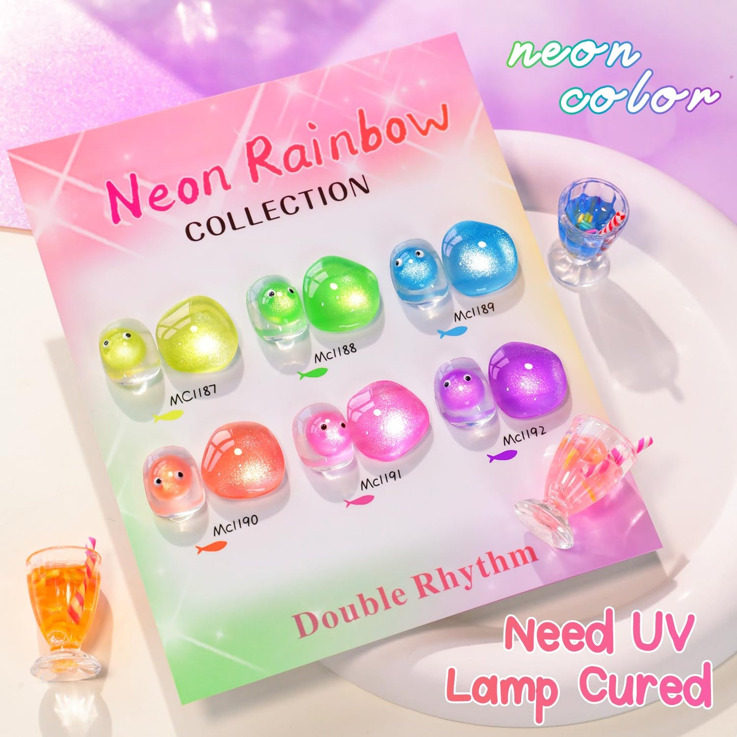 Double Rhythm Cat Eye Gel Nail Polish Set of 6 Same Color Same Bottle 0.5 Oz Shimmer Glitter with Magnet Holographic Reflective Magnetic UV Polish Kit at Home (Neon Orange Red Blue Green-T6-34)