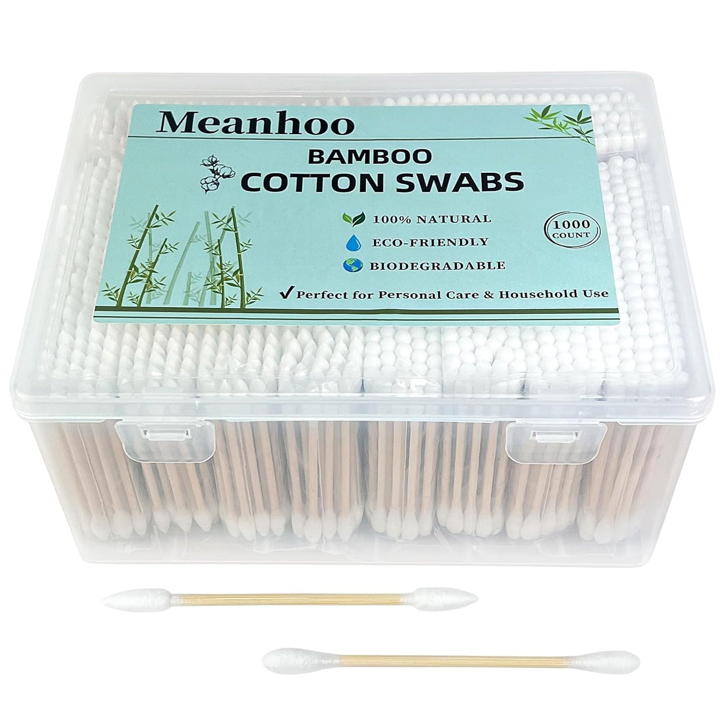 Bamboo Cotton Swabs 1000 Counts in Storage Box, Organic Cotton Buds with Durable Bamboo Sticks, Biodegradable Swabs for Makeup, Ear Care, Cleaning, Pet Grooming, Crafts（Pointed+Round Tips）