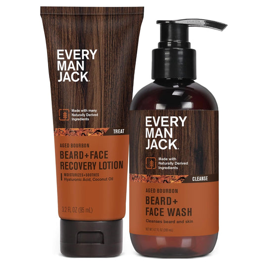 Every Man Jack Men's Beard + Face Wash & Lotion Set - Subtle Aged Bourbon Scent - Naturally Cleanse and Condition Your Beard & Skin