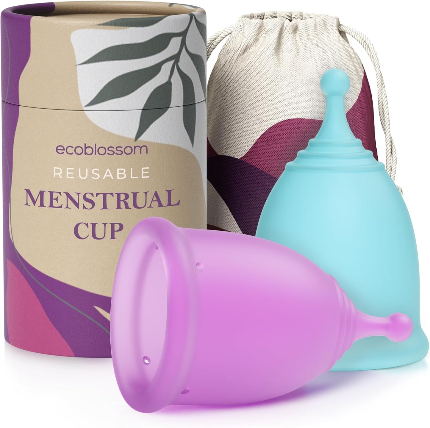 EcoBlossom Reusable Menstrual Cup Set - The Most Reliable Medical Grade Silicone Period Cups - Comfortably use for 12 Hours (Small & Large)