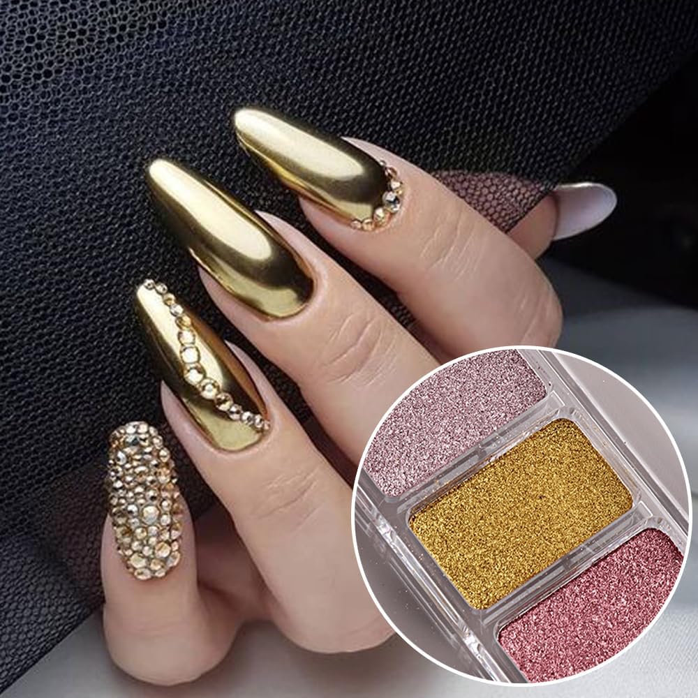 6 Colors Solid Chrome Nail Glitter Powder Set Metallic Mirror Chrome Powder for Nails, Gold Rose Gold Champagne Mutil Colors Palette Nail Pigment Powder Manicure Nail Art Decorations