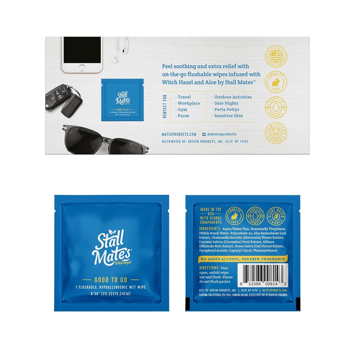 Stall Mates Wipes Witch Hazel: Flushable Wipes | Individually Wrapped | Travel Friendly | Soothing Witch Hazel | Unscented with Cucumber, Aloe and Chamomile | (30 on-the-go singles)