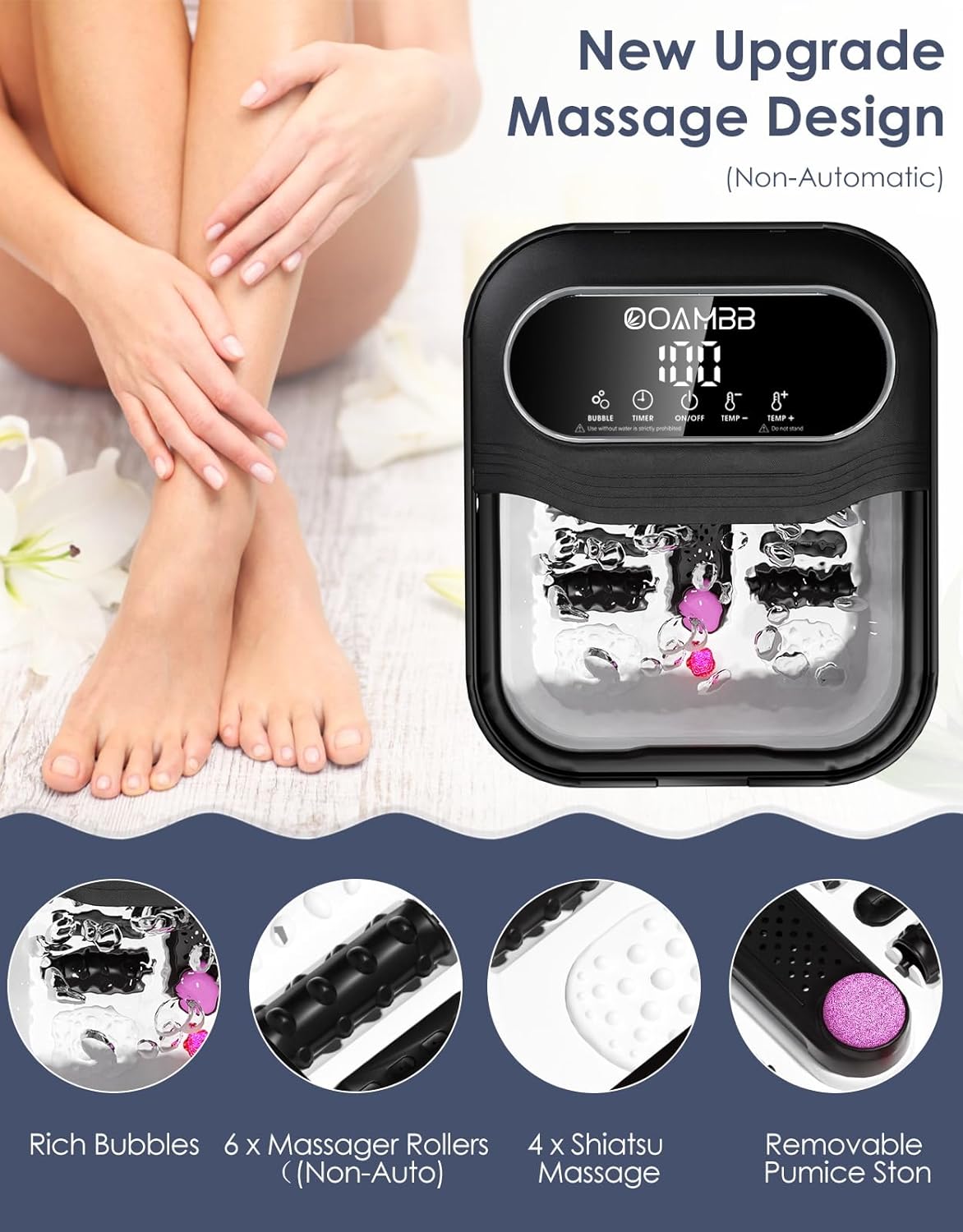 Collapsible Foot Spa with Heat, Bubble and Temp Control, Foot Bath Massager with XL Touch Screen and Massage Rollers, Foot Soaking Tub, Pedicure Foot spa for Stress Relief (Black)