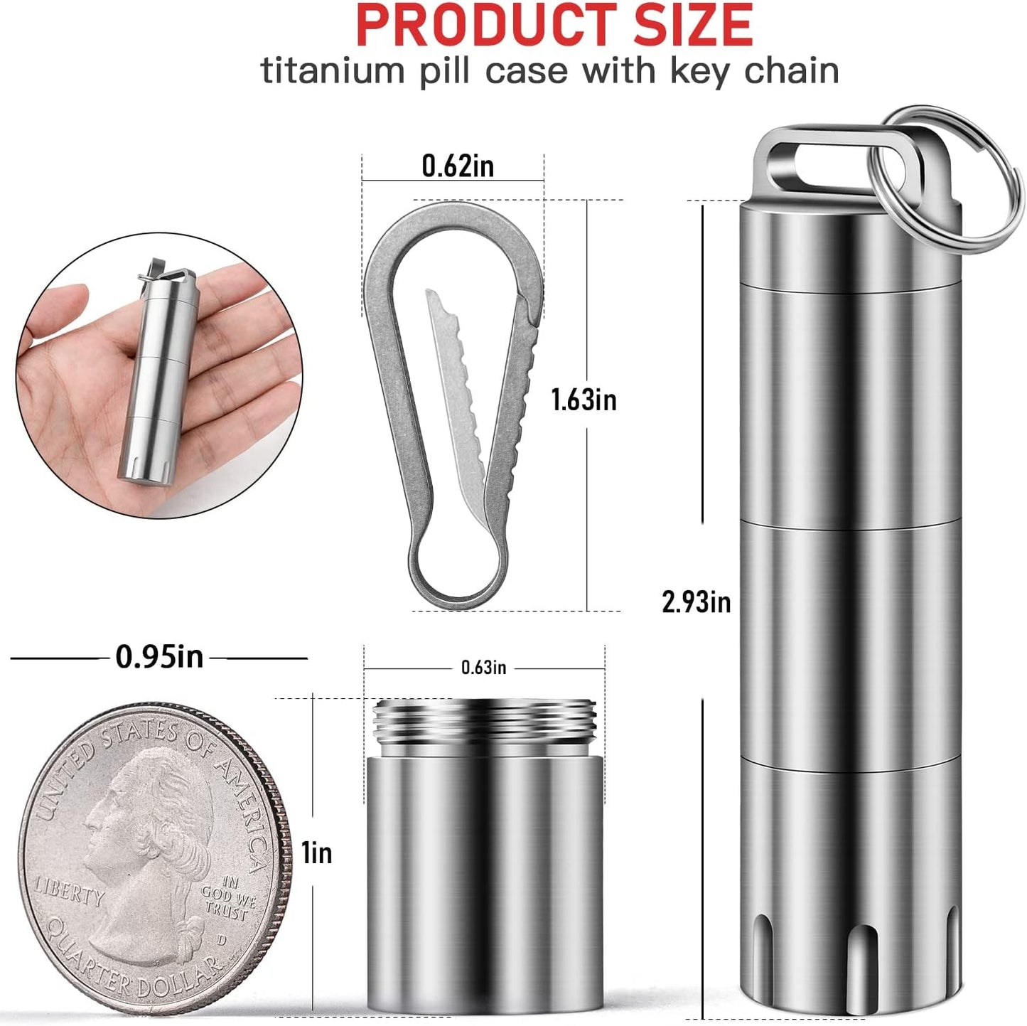 TISUR Titanium Small Pill Holder Keychain, Portable Pill Case Waterproof Pocket Pill Box Container Carrier to Hold Pills, Vitamins, Fish Oil, Supplements