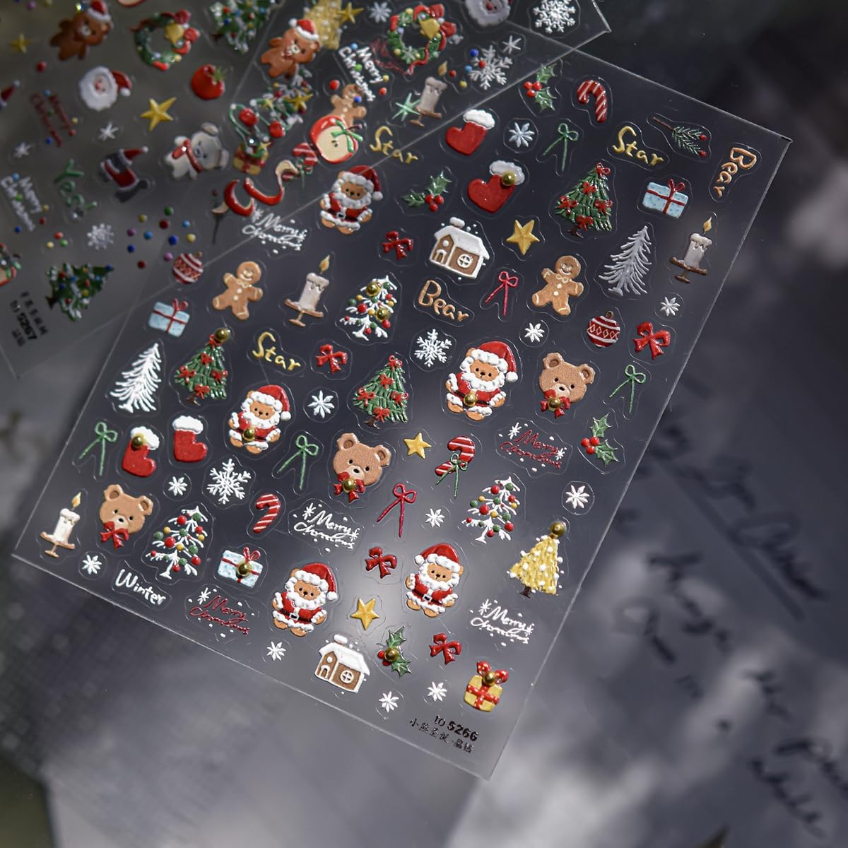 Christmas Nail Art Stickers 5D Embossed Xmas Cute Bear Nail Stickers Christmas Sock Xmas Gift Xmas Tree Bowknot Gingerbread Man Nail Decals for Women Winter Holiday Manicure DIY Nail Supplies 1 Sheet