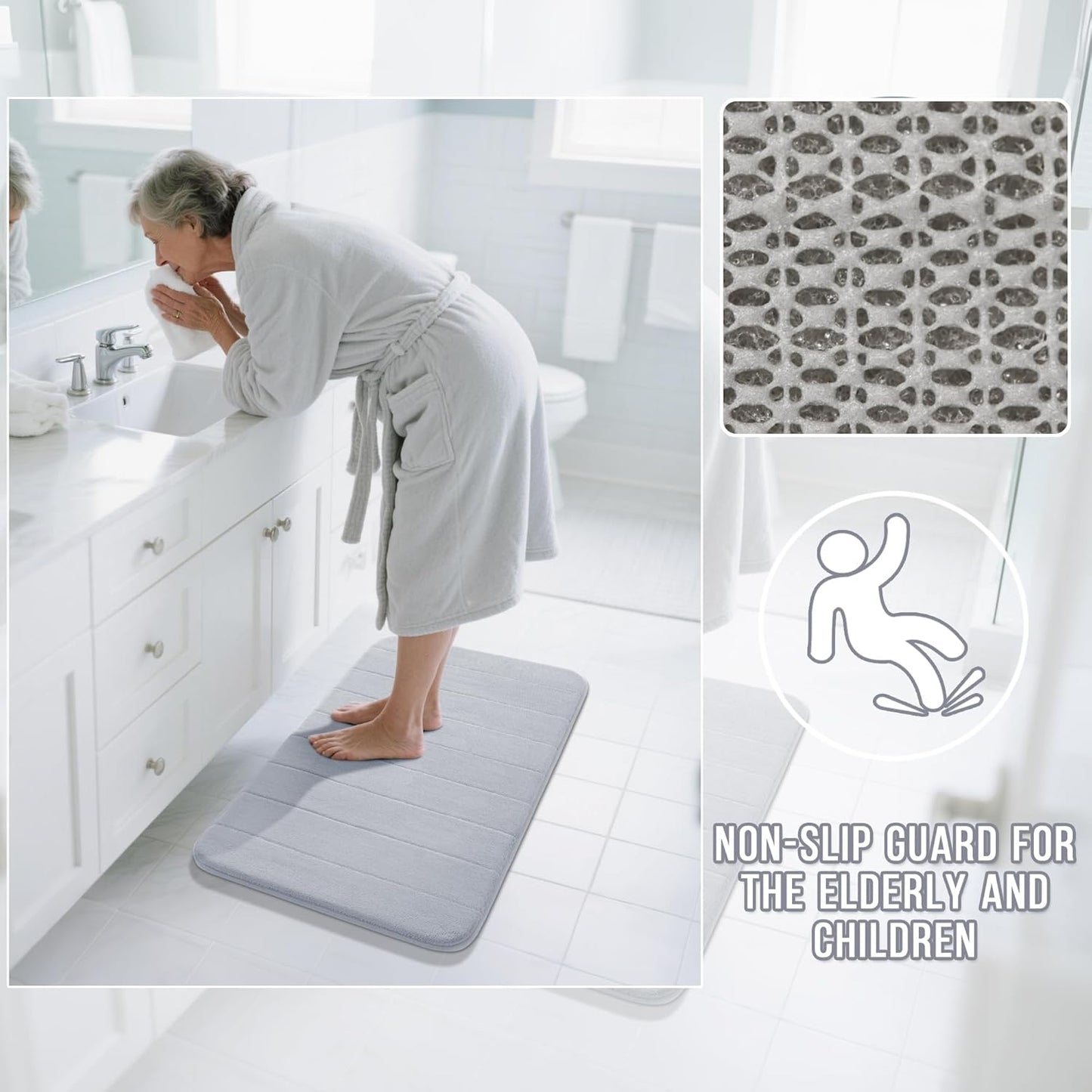 Yimobra Bathroom Runner Rugs 72"x24" Non Slip Washable Memory Foam Bath Mat, Super Soft Water Absorbent Hallway Carpet for Vanity Tub Shower, Silver