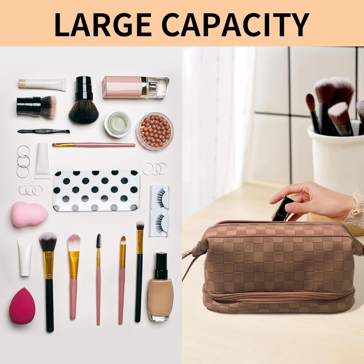 Abiudeng Large Capacity Makeup Bag Ladies Cosmetic Bag Travel Bag with Compartments Portable PU Leather Travel Makeup Bag with Handle