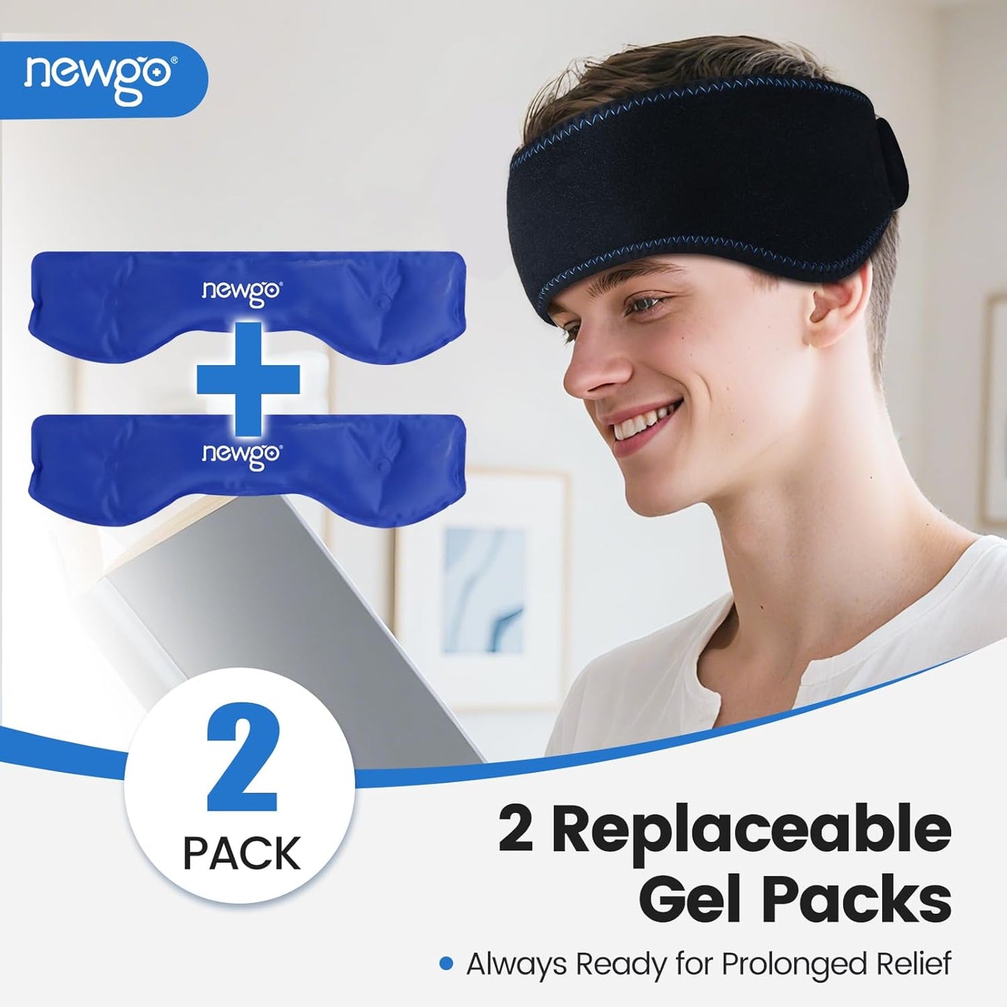 NEWGO Headache Ice Pack Head Wrap for Migraines, Cold Pack for Headache Relief, Tension, Sinus Pain, Chemo, Head Injuries - 2 Gel Pack Inserts & 1 Wrap