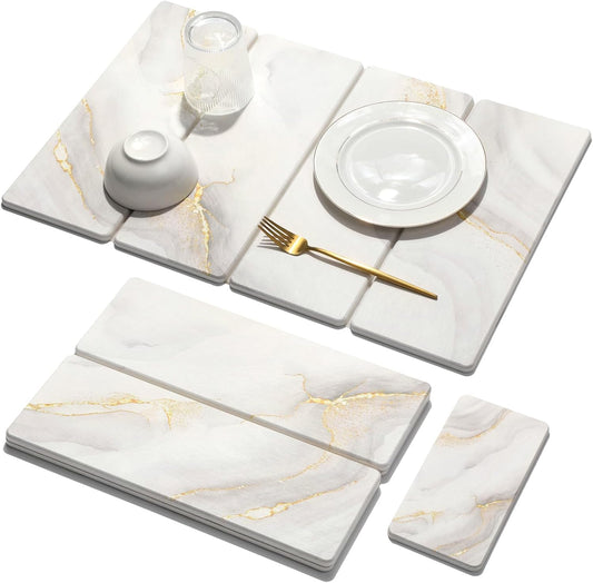 2 PCS Large Stone Dish Drying Mat for Kitchen Counter Quick Dry Stone Dishes Mats Marbled Water Absorbing Diatomaceous Earth Drying Pad for Countertop Bottles Utensils Cups (Gold White 24"x16"&8"x4")