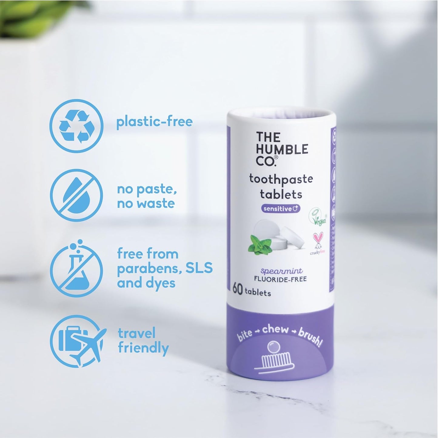 The Humble Co. Sensitive Toothpaste Tablets – Fluoride Free Toothpaste Tablets for Sensitive Teeth and Gums, Dentist Developed Formula, Vegan, SLS Free, Plastic Free (Spearmint, 2 PK)