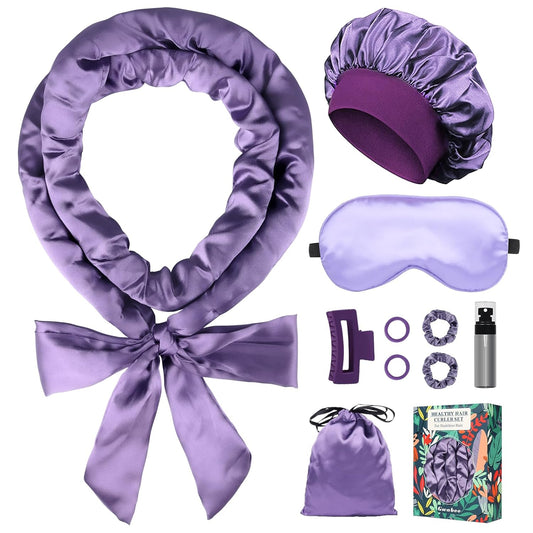 Satin Heatless Curls Overnight Hair Curlers to Sleep In Hair Curler Rollers No Heat Hair Wrap for Curls Headband, 70" Satin Heatless Curling Set for Women Long Waves Hair Volume -Purple 10 PCS