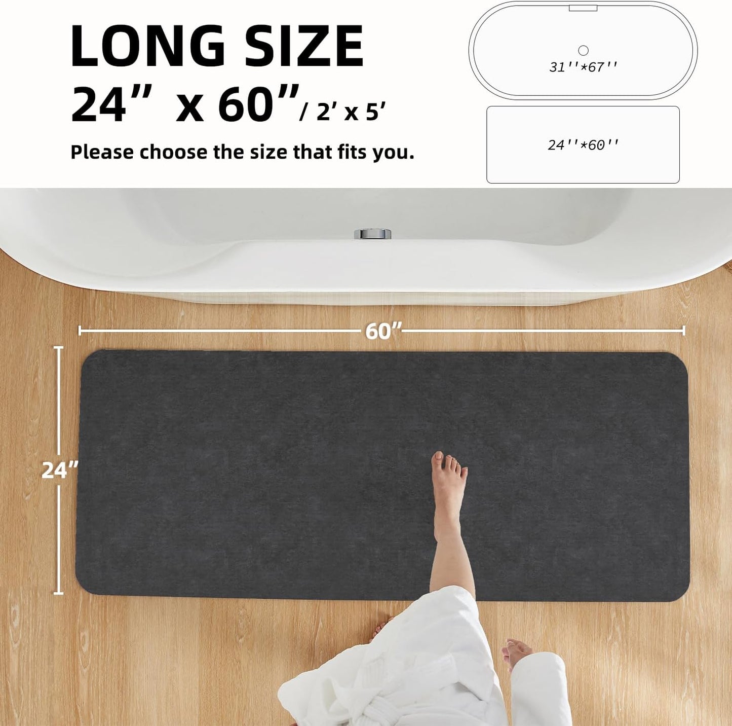 Bath Mat, Bathroom Rugs Non Slip Washable Thin Absorbent Quick Dry Bath Mat Fits Under Door Bathroom Floor Mat Perfect for Bath, Shower, or Sink 24"x60" Dark Grey