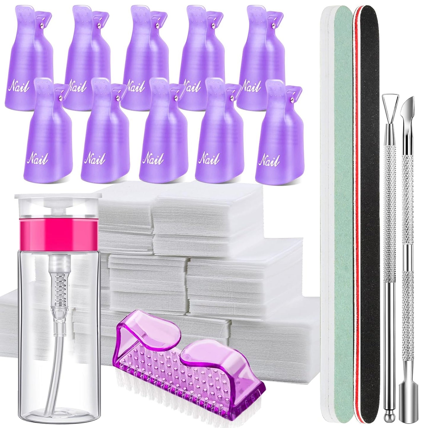 FANDAMEI Nail Polish Gel Remover Tools Kit, 10 Pcs Purple Nail Clips, 100ml Nail Polish Remover Bottle, 500 Pcs Remover Cotton Pad, Nail Brush, Cuticle Pusher, Cuticle Peeler, Nail File, Buffer Block