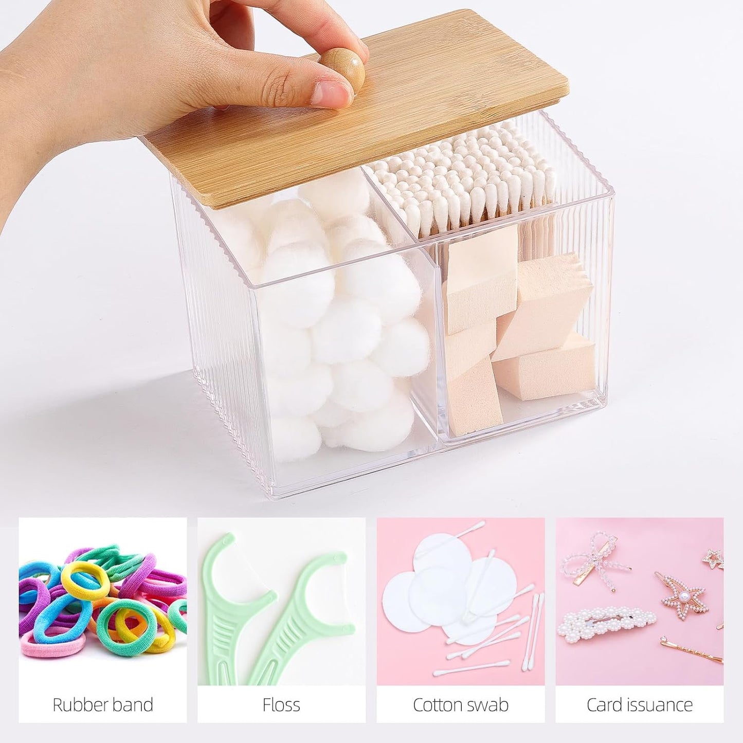 Ohlove Qtip Holder with Bamboo Lids, 3 Compartments Cotton Ball/Swabs Dispenser, Apothecary Jar Clear Plastic Bathroom Container for Storage and Organizer