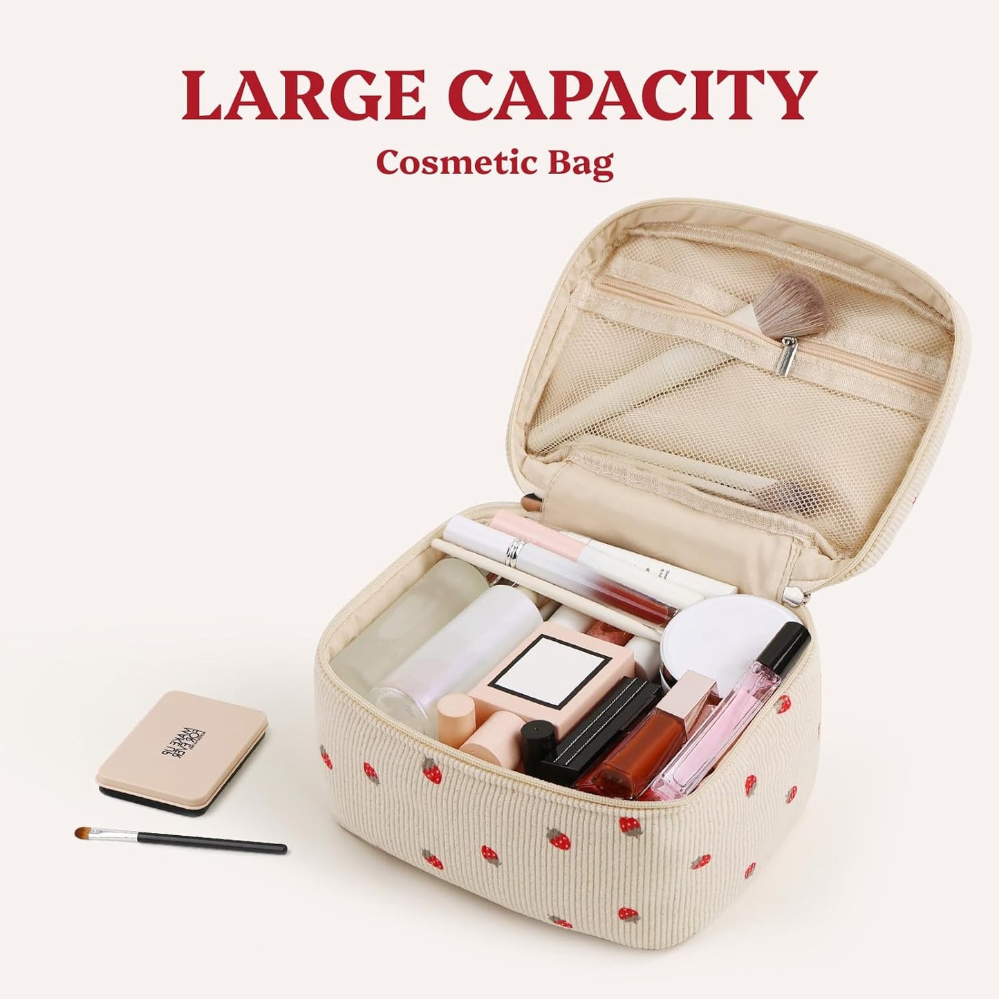 Prite Corduroy Large Travel Quilted Makeup Bag for Women Floral Cotton Cosmetic Bag Coquette Aesthetic Floral Toiletry Organizer Bag(Strawberry)