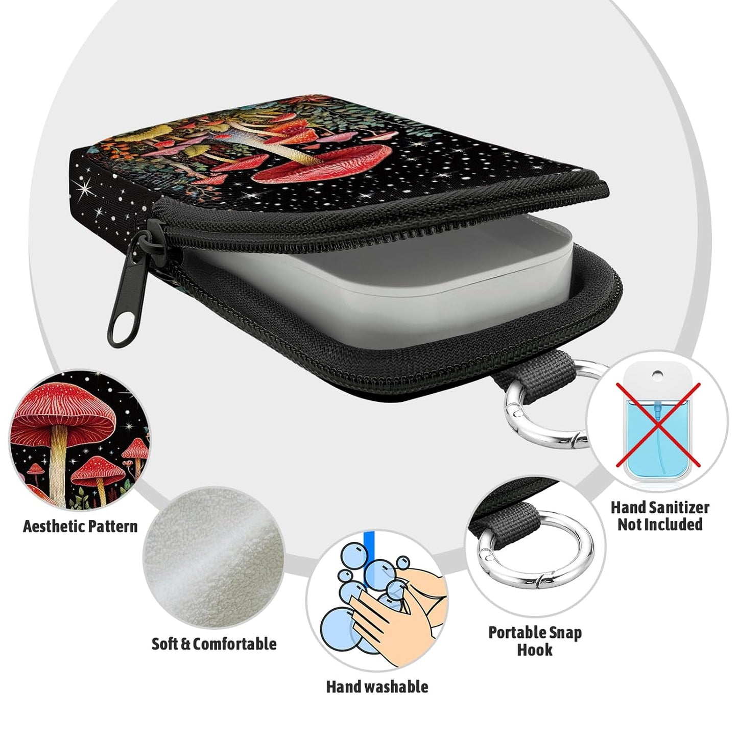 Cute Mushroom Hand Sanitizer Spray Case, Hand Sanitizer Holder Zippered Pouch, Fashion Accessory with Snap Hook for Glow Mist and Power Mist 1FL OZ