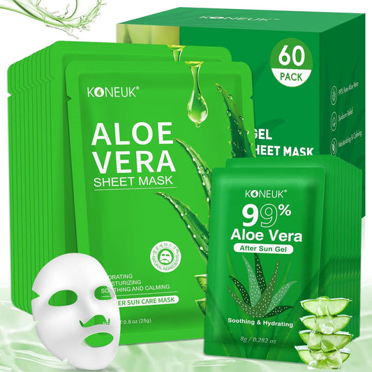 30 Pack Aloe Vera Gel and 30 Pack Face Masks Skincare, Aloe Vera Gel and Facial Mask for Face, Hair, Body, Skin, Bulk Travel Size Aloe Gel and Mask for Sunburn Relief
