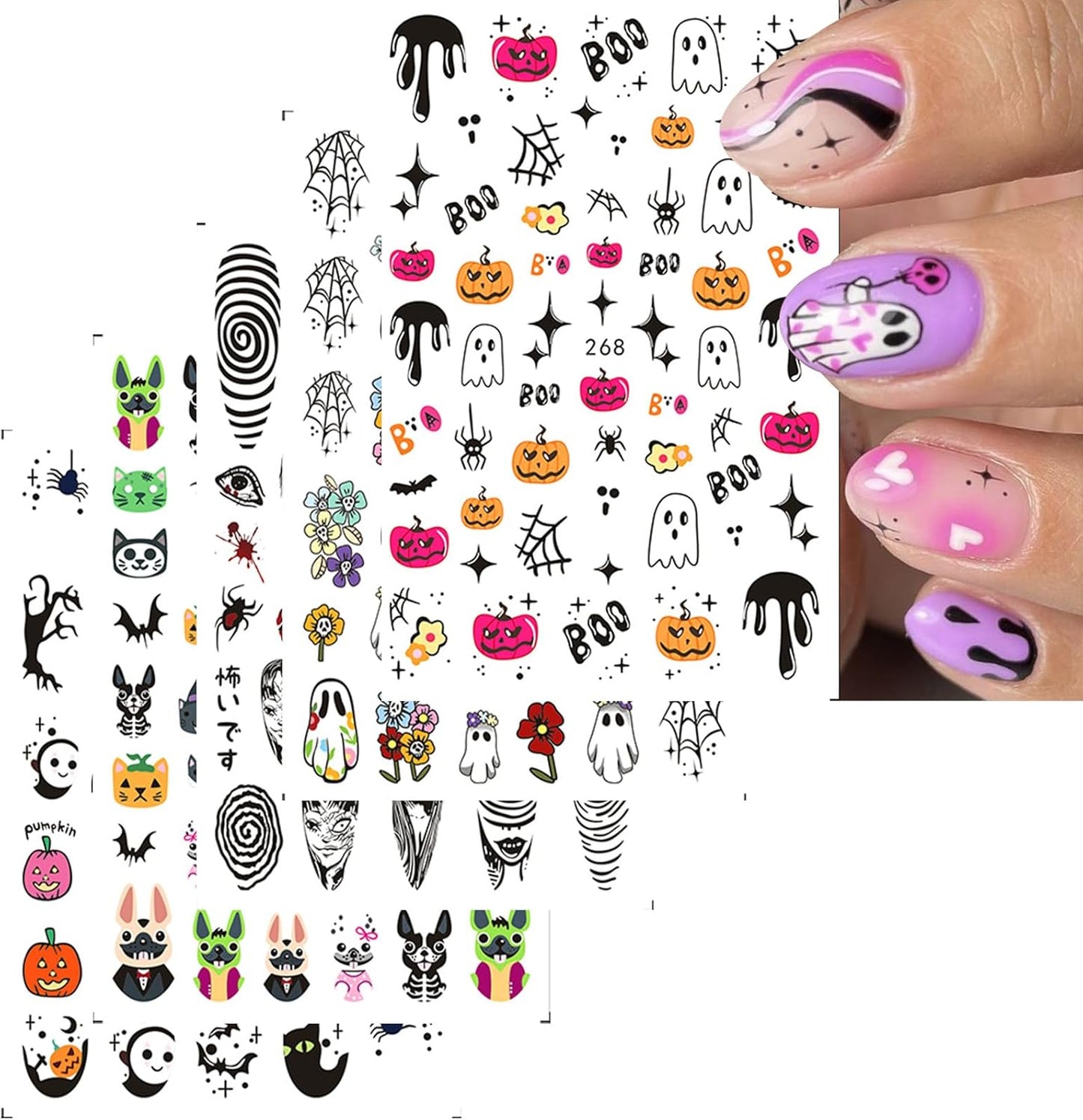 Halloween Nail Stickers for Nail Art Cute Ghost Pumpkin Bat Scary Anime 3D Self-Adhesive Nail Decals Nail Art Supplies Nails Design Manicure Stickers for Nails Decoration 6Sheets
