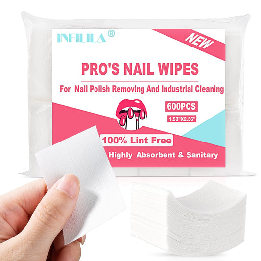 NXJ INFILILA Lint Free Nail Wipes, 600CS Natural Wood Pulp Nail Prep Wipes, Absorbent Acetone Nail Polish Remover Lash Extensions Glue Nail Cleaning Pads for Salon Supplies