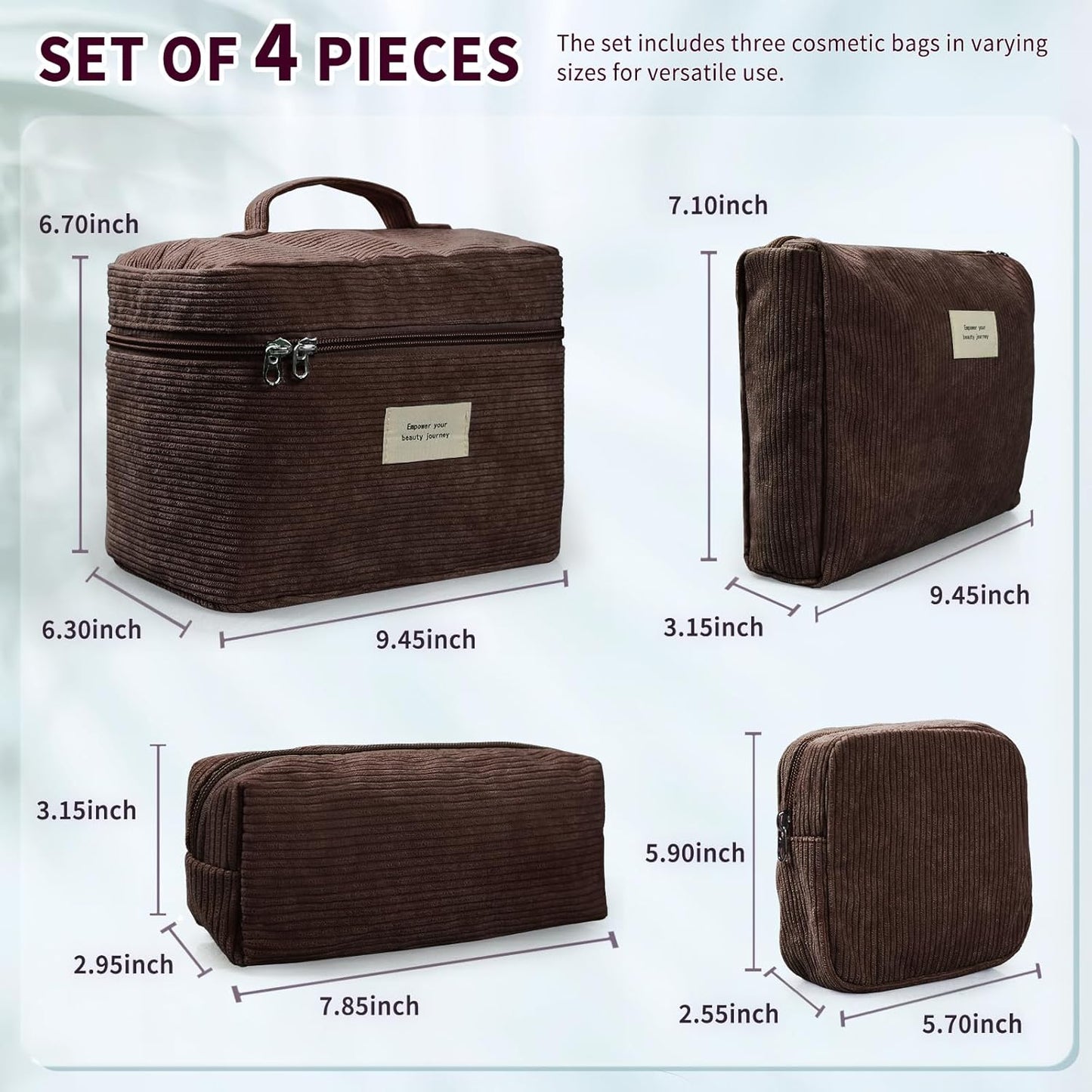 4 Pcs Makeup Bag for Women Corduroy Cosmetic Bag Aesthetic Cute Bags Multi Size Purse Pouch Travel Toiletry Bag Set Makeup Organizer with Zipper (BrownCorduroy)