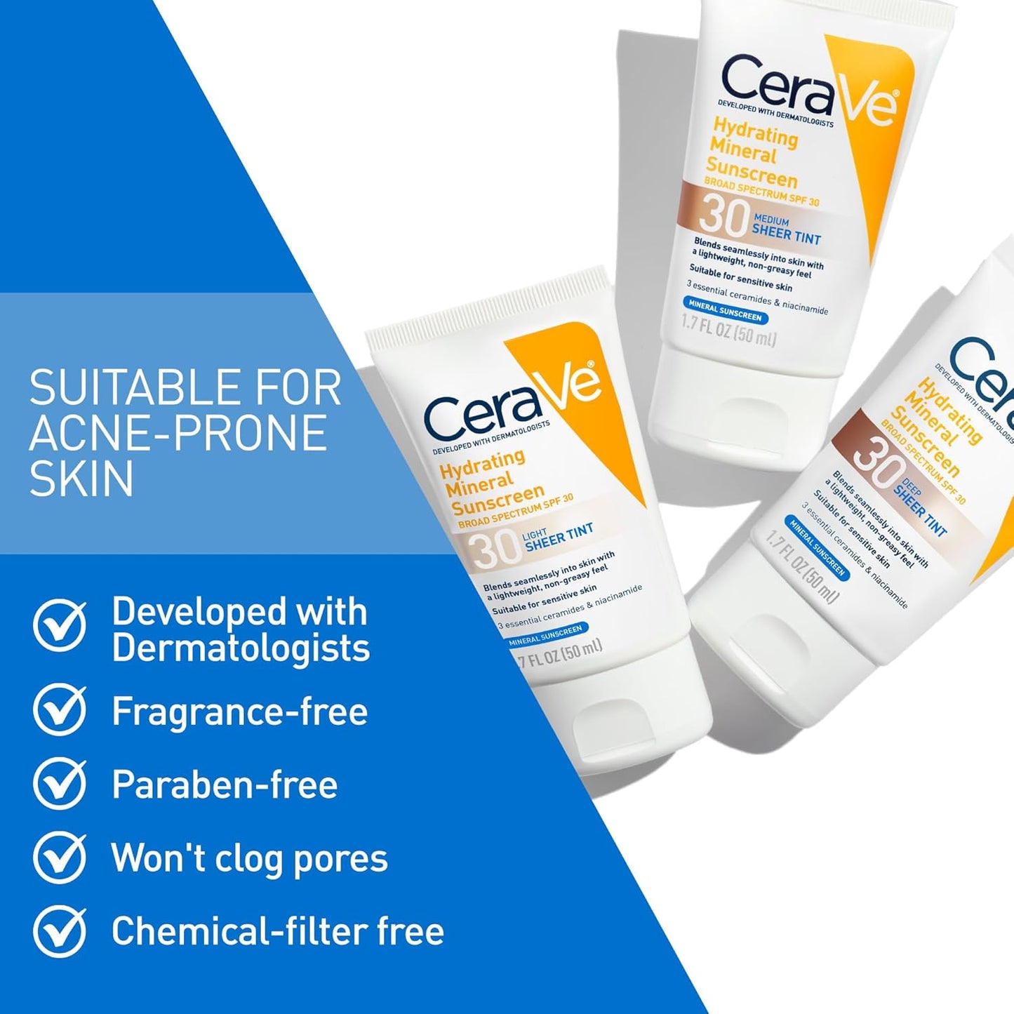 CeraVe Hydrating Mineral Sunscreen SPF 30 with Sheer Tint, Tinted Mineral Sunscreen with Zinc Oxide & Titanium Dioxide, Blends Seamlessly For Healthy Glow, Medium, 1.7 Fluid Ounce