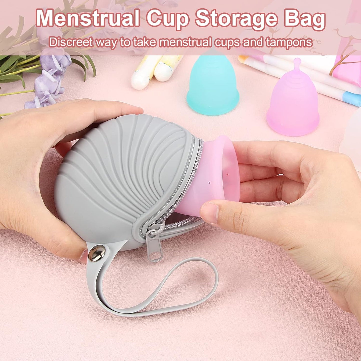 Desing Wish Menstrual Cups Case Storage Bag Travel Period Cup Carrying Pouch Washable Leak-proof Silicone Bag for Menstrual Cup, Tampons, Keys and Other Small Items (Grey)