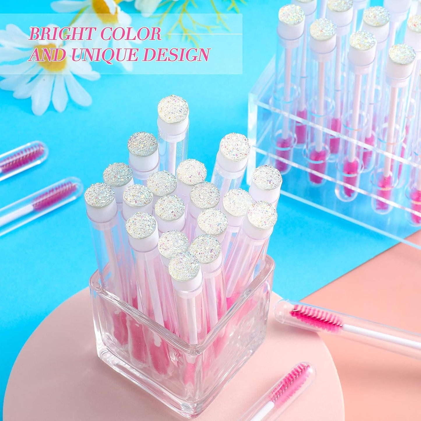80 Pieces Disposable Mascara Brushes Tubes Set, 40 Pieces Empty Mascara Wand Tube with 40 Pieces Eyelash Brush Makeup Tool for Eyelash Extension(Colorful Sequins Style)