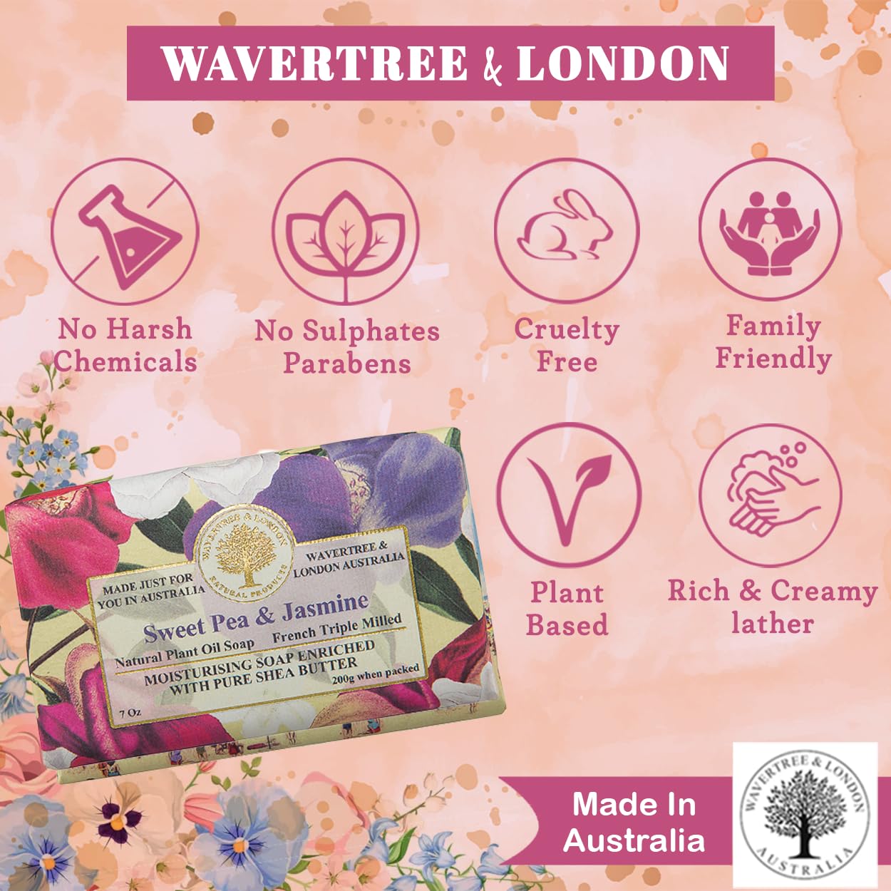Wavertree & London Sweet Pea & Jasmine Scented Natural Soap (8 Bars), 7oz Moisturizing French Triple Milled Soap Bars enriched with shea butter - Pure Plant Oil Bath & Body Bars for All Skin Types