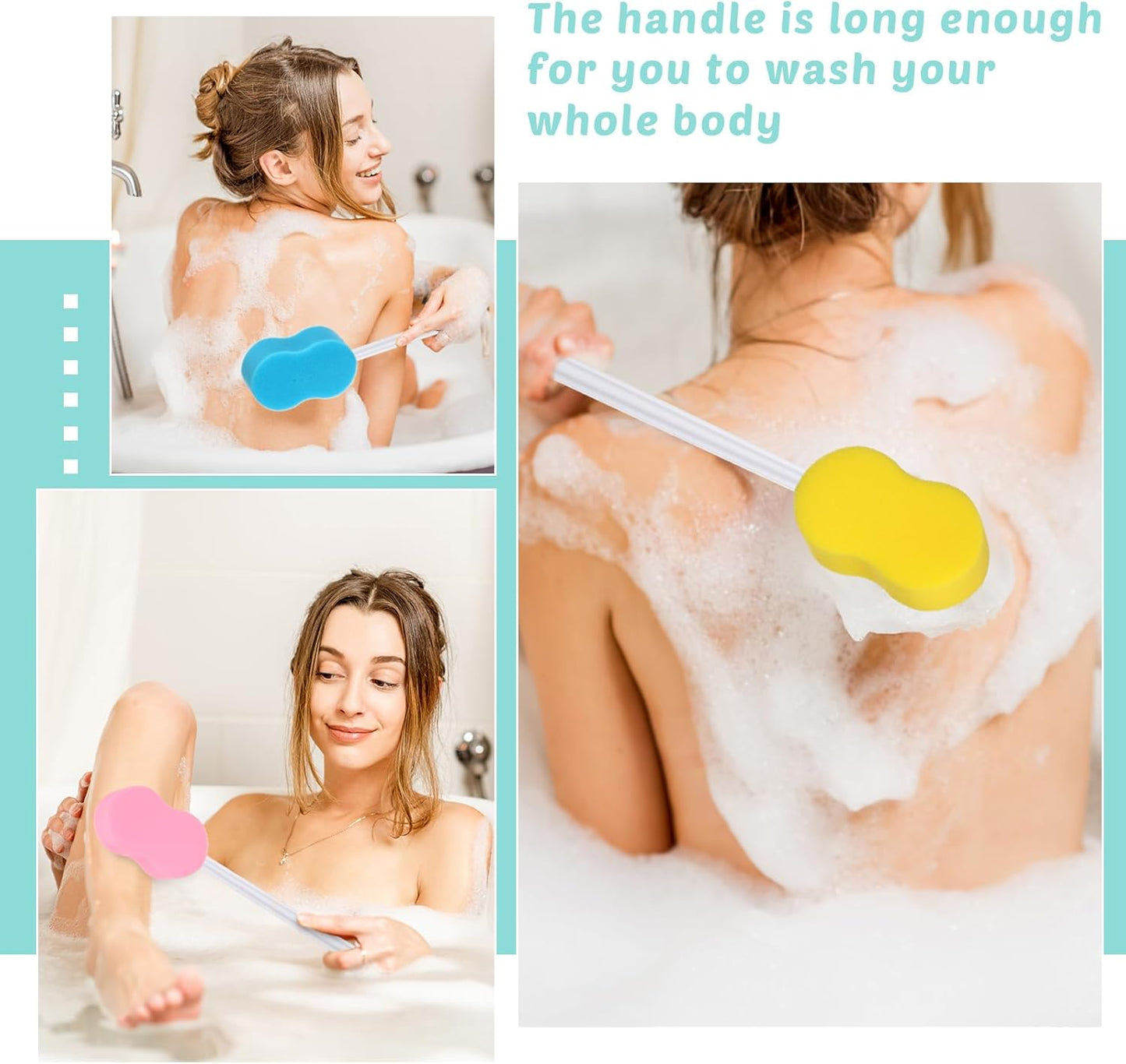 3 Pieces Long Handle Sponge 22.4'' Back Sponge on a Stick Body Brush Handled Washer Scrubber for Foot Body Limited Motion (Pink, Blue, Yellow)