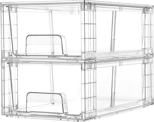 Vtopmart 2 Pack Stackable Storage Drawers,Clear Acrylic Drawer Organizers with Handles, Easily Assemble Containers for Fridge, Bathroom,Kitchen Undersink,Cabinet,Pantry Organization and Storage