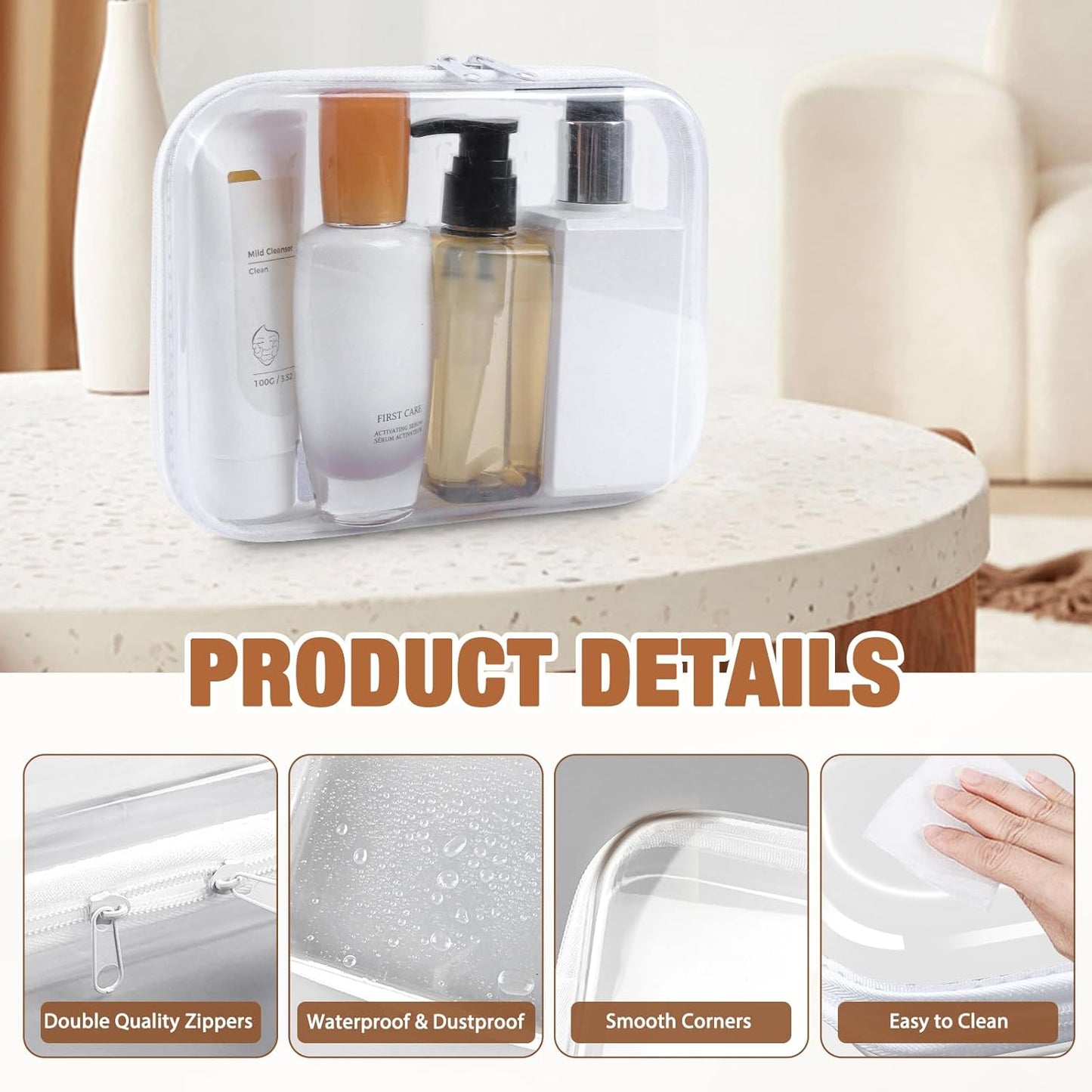 Clear Hard Shell Zipper Case 3 PCS Clear Cosmetic Make up Bag Waterproof Travel Toiletry Bag for Women, Hard Plastic Zipper Pouches Portable Travel Storage Organizer Bins (White, 8"x4"x2")