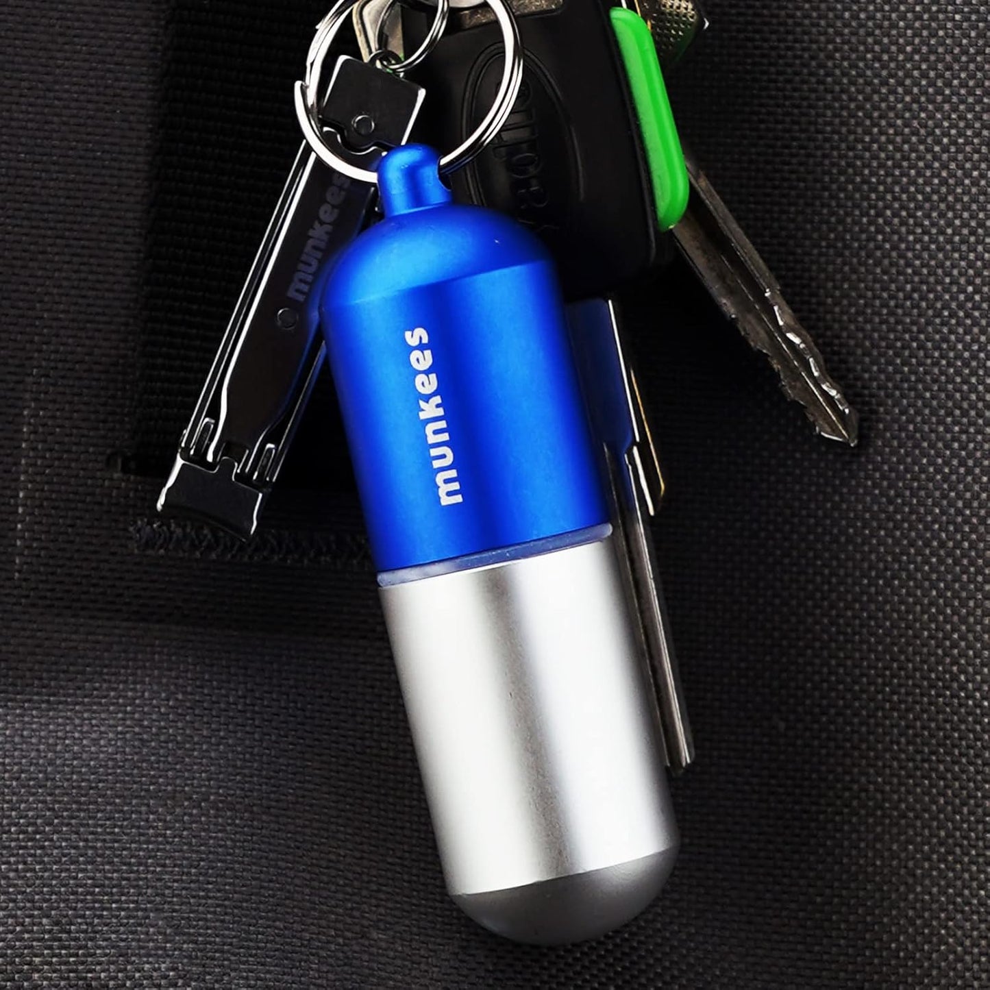 munkees Portable Pill Case Large Waterproof Capsules EDC Keychain, Travel Pill Bottle for Camping, Hiking, Backpacking, Compact Valuables Container for Outdoors 2-Pack