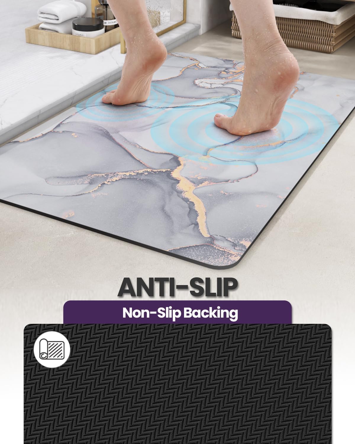 DEXI Bathroom Mat Ultra Thin, Non Slip Bath Rug for Shower Floor, Absorbent Quick Dry Marble Bathmats Low Profile, 16x24, Light Grey