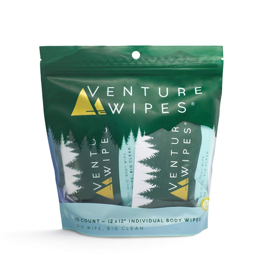 Venture Wipes Tea Tree Oil Body Wipes - Adventure Wipes for Adults - Biodegradable Cleansing With Aloe and Vitamin E - Camping Essentials - Individually Wrapped - 10 Count Bag