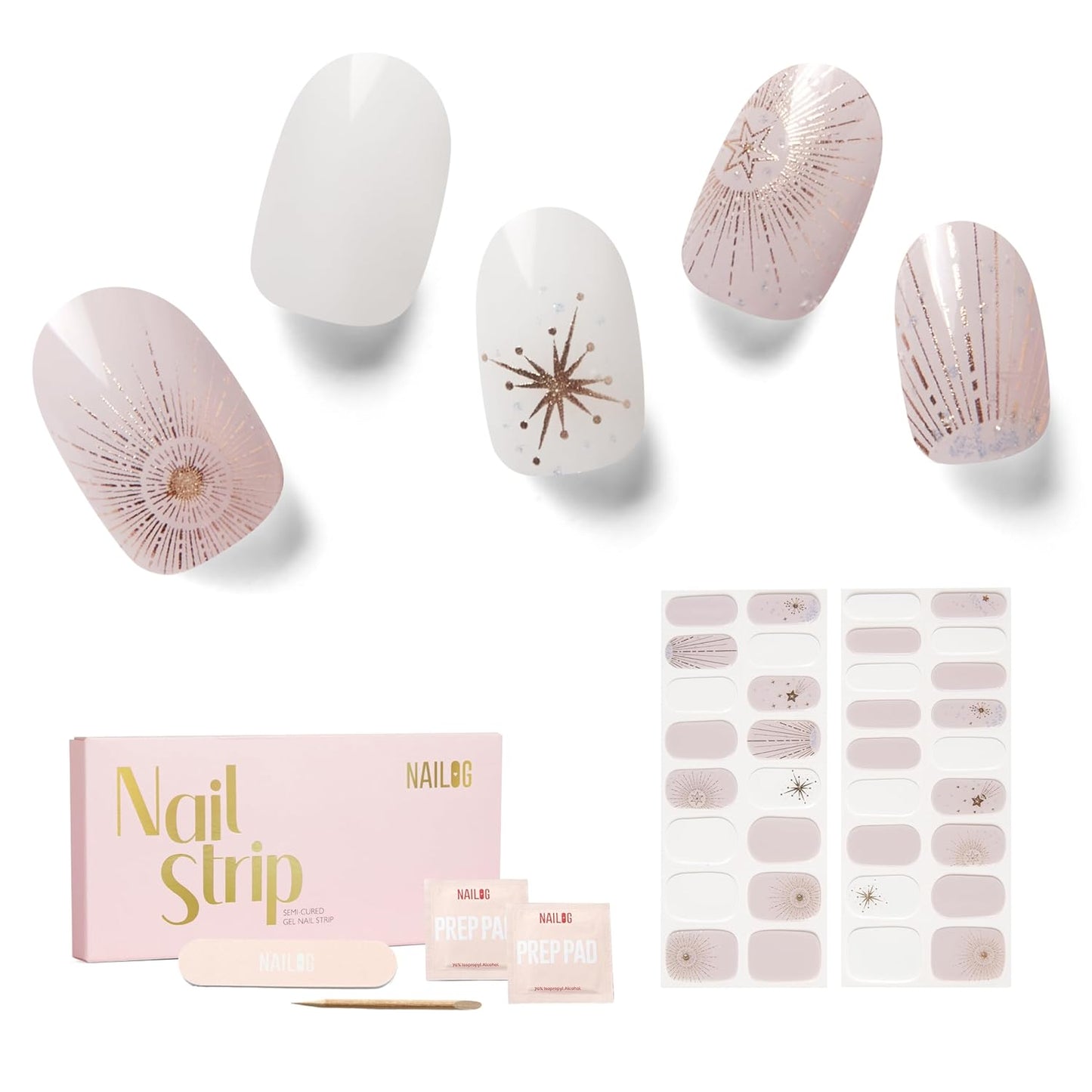 NAILOG Semi Cured Gel Nail Strips 34 pcs| Buy 2 Get 1 UV Lamp | Long Lasting Nail Polish Sticker Wraps with Glossy Gel Finish, Astria