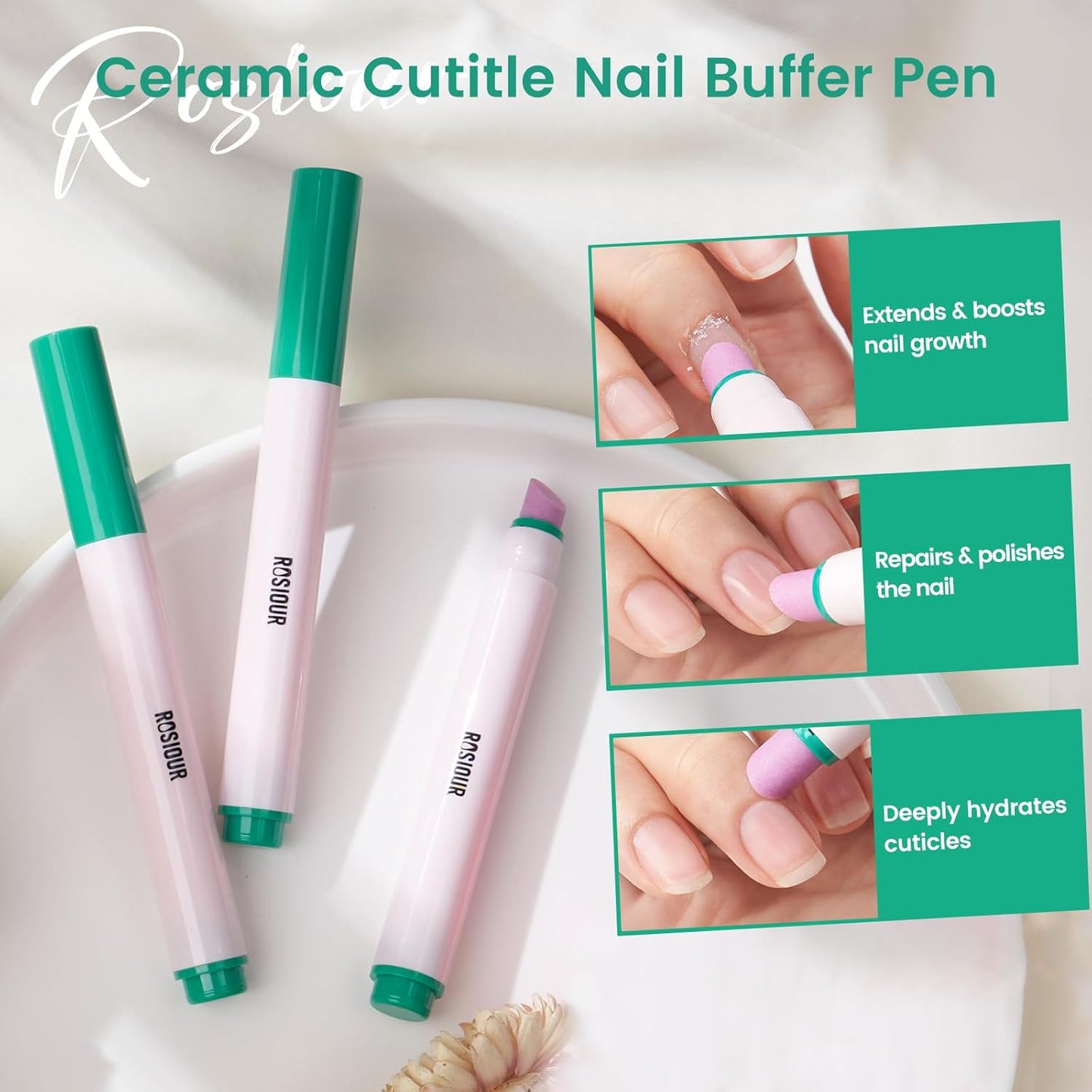 Ceramic Cuticle Oil Pusher Pen: 3-in-1 Nail Cuticle Buffer Pens for Hangnails, Dry & Damaged Nails, Moisturize Strengthen Brighten Nails Care
