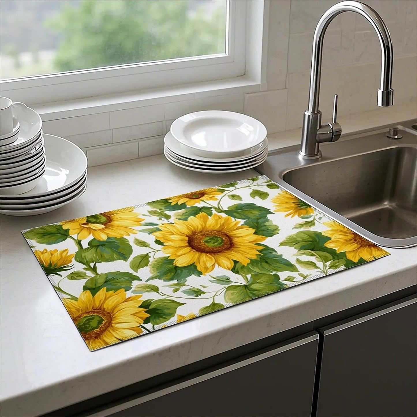 Dish Drying Mat For Kitchen Counter, Summer Sunflowers Microfiber Absorbent Dish Drainer Rack Pad Reusable Large 18x24in Drying Mat